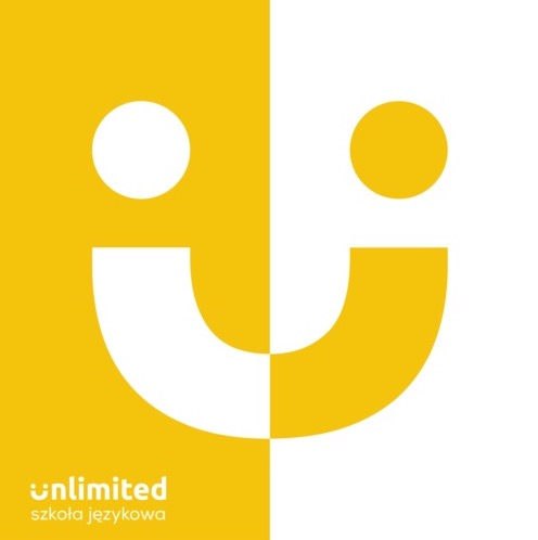 Logo szkoły językowej Unlimited przedstawiające uśmiechniętą twarz w kolorach żółtym i białym, podzieloną na dwie części.