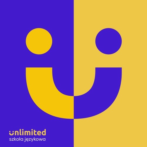 Logo szkoły językowej Unlimited, przedstawiające stylizowaną uśmiechniętą buźkę w kolorach żółtym i fioletowym, podzielone pionowo na dwie części, z napisem 'unlimited szkoła językowa' w lewym...