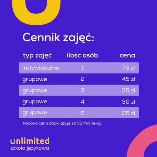 Cennik zajęć językowych w formie tabeli, prezentujący ceny za zajęcia indywidualne i grupowe dla różnej liczby osób, z logo szkoły językowej 'Unlimited' w lewym dolnym rogu na fioletowym tle.