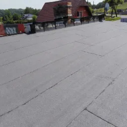 Szary, płaski dach pokryty papą termozgrzewalną z widocznymi łączeniami, na tle ceglanego domu z kominem i zielenią.