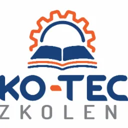 Logo firmy EKO-TECH Szkolenia: otwarta niebieska książka z pomarańczowymi brzegami stron, nad nią pomarańczowe koło zębate, pod spodem niebieski napis EKO-TECH, a pod nim szary napis SZKOLENIA.
