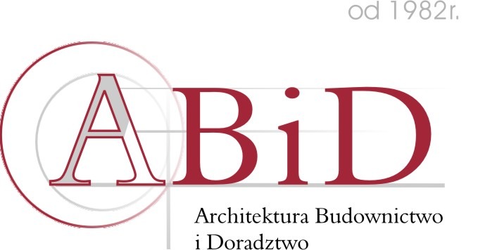 Logo firmy ABiD, Architektura Budownictwo i Doradztwo, od 1982 roku, w kolorze bordowym na białym tle, z elementami graficznymi w postaci okręgów i linii.