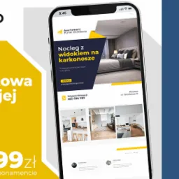 Grafika reklamowa prezentująca wygląd strony internetowej dla firmy z branży turystycznej, wyświetlanej na smartfonie, z ofertą cenową i logotypami.