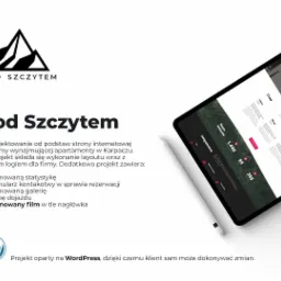 Prezentacja responsywnej strony internetowej na tablecie, widok z góry, ukazujący układ strony z sekcjami 'Nasze statystyki', 'Udogodnienia', 'Luksus' i 'Rozrywki' dla apartamentów w Karpaczu,...