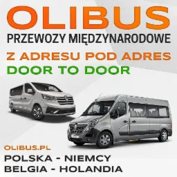 Grafika reklamowa firmy OLIBUS z dwoma busami Renault, oferującej przewozy międzynarodowe z adresu pod adres, z połączeniami Polska-Niemcy i Belgia-Holandia.
