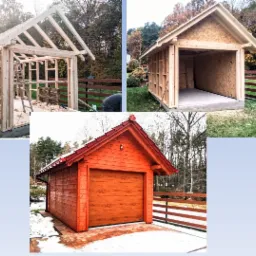 Montaż drewnianego garażu: szkielet konstrukcji z widoczną drabiną i narzędziami, etap wykończenia z płyt OSB oraz gotowy garaż z czerwoną elewacją i bramą segmentową.