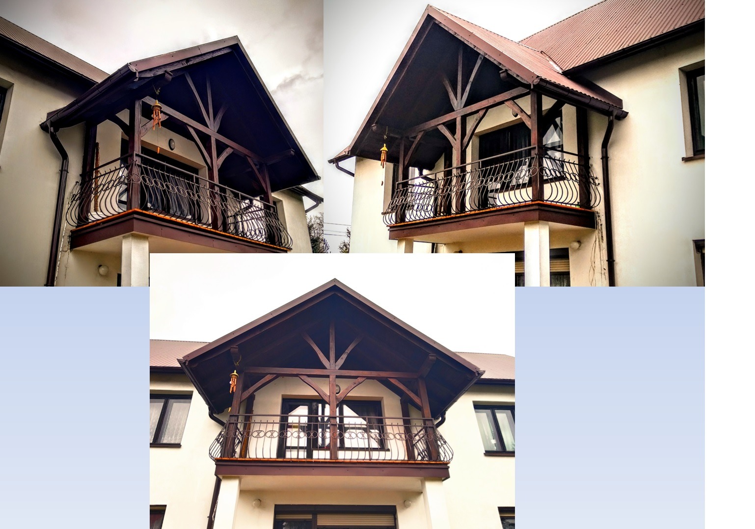 Elewacja domu z balkonem z ozdobną, kutą balustradą i zadaszeniem z drewnianą konstrukcją wspartą na słupach, widok z różnych perspektyw.