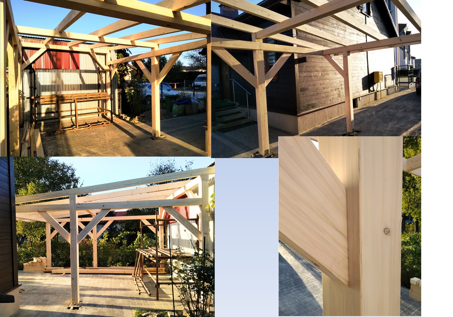 Konstrukcja drewniana z belek, prawdopodobnie w trakcie budowy, widoczne elementy złączne i podpory, w tle budynki mieszkalne i zieleń.