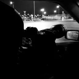 Osoba z wnętrza samochodu, z dużym obiektywem, robi zdjęcie nocnego parkingu z widocznymi światłami ulicznymi i kroplami deszczu na szybie.