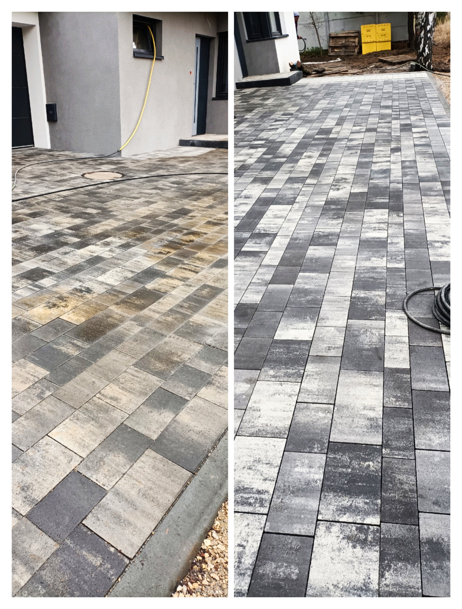 Dwa ujęcia tej samej posesji: po lewej stronie kostka brukowa jest mokra, a po prawej sucha, ukazując efekt czyszczenia; widoczny dom z szarą elewacją i żółty wąż ogrodowy.