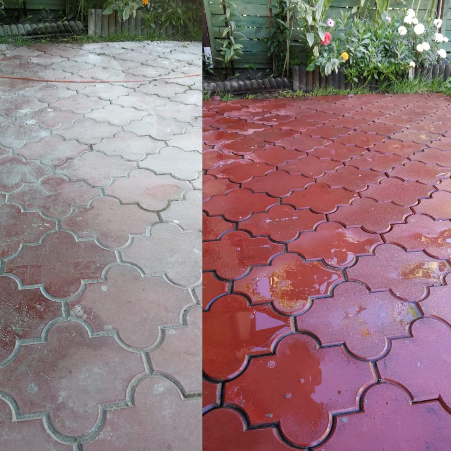 Porównanie kostki brukowej przed i po czyszczeniu, z widoczną różnicą w kolorze i usuniętych zabrudzeniach.
