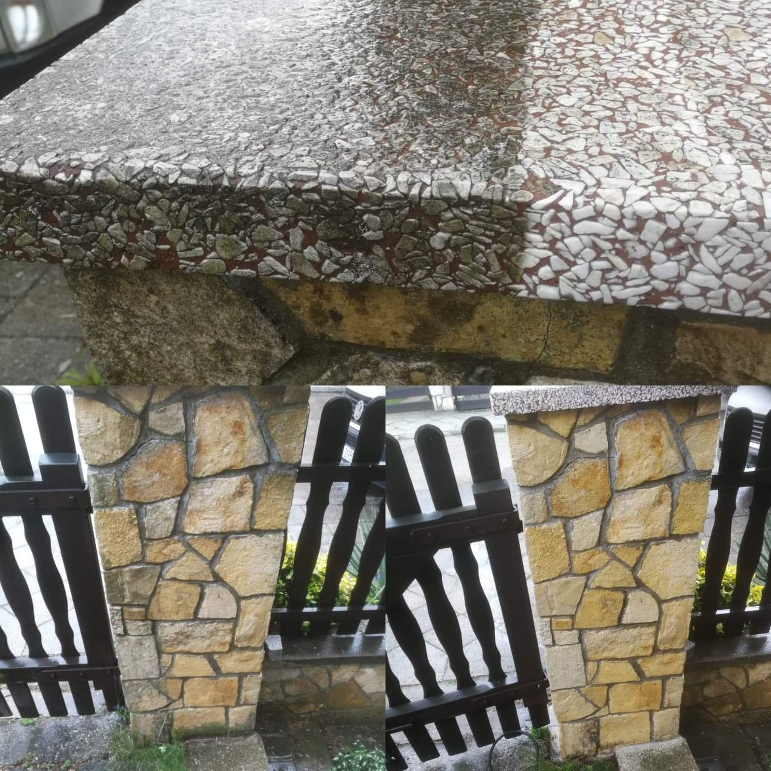 Kamienny słupek ogrodzeniowy z drewnianą furtką, widoczne detale mozaiki na górnej części słupka i zróżnicowana kolorystyka kamieni.