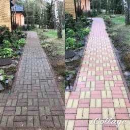 Porównanie kostki brukowej przed i po czyszczeniu: po lewej stronie zabrudzona, zielona od mchu, po prawej wyczyszczona, ukazująca różowo-żółty wzór, widoczne ślady wody po myciu.