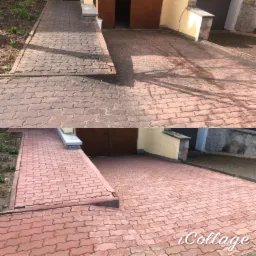 Porównanie kostki brukowej przed i po czyszczeniu, widoczna różnica w kolorze i usunięciu zabrudzeń, zarys budynku w tle.