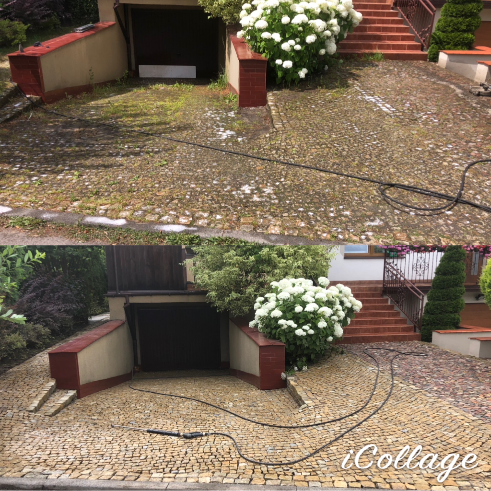 Porównanie kostki brukowej przed i po czyszczeniu, widoczne różnice w kolorze i usunięte zabrudzenia, w tle garaż i schody wejściowe do domu.