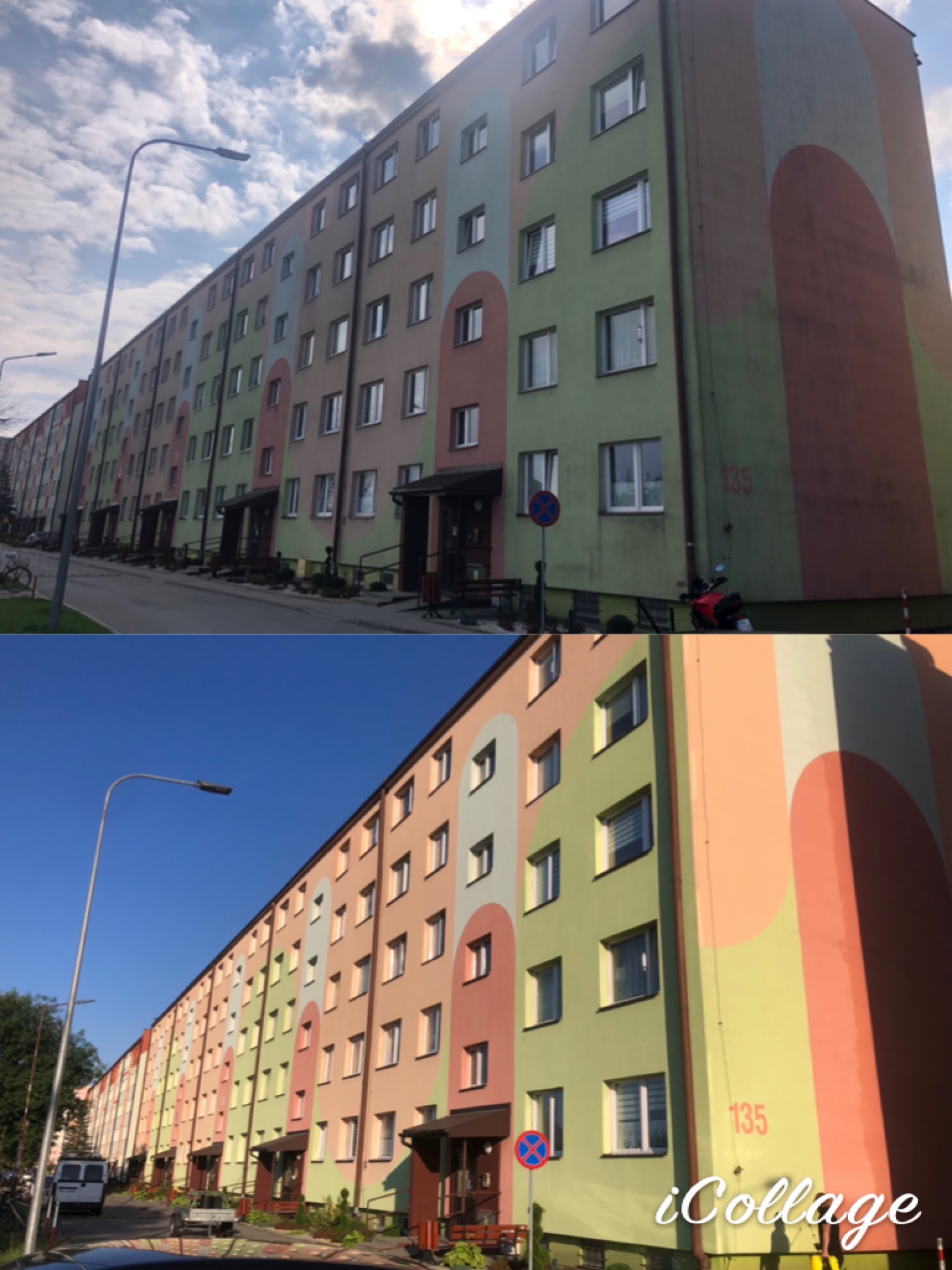 Długi budynek mieszkalny z pomalowaną elewacją w pastelowych kolorach, widoczne numery 135, znak zakazu parkowania i zaparkowany motocykl.