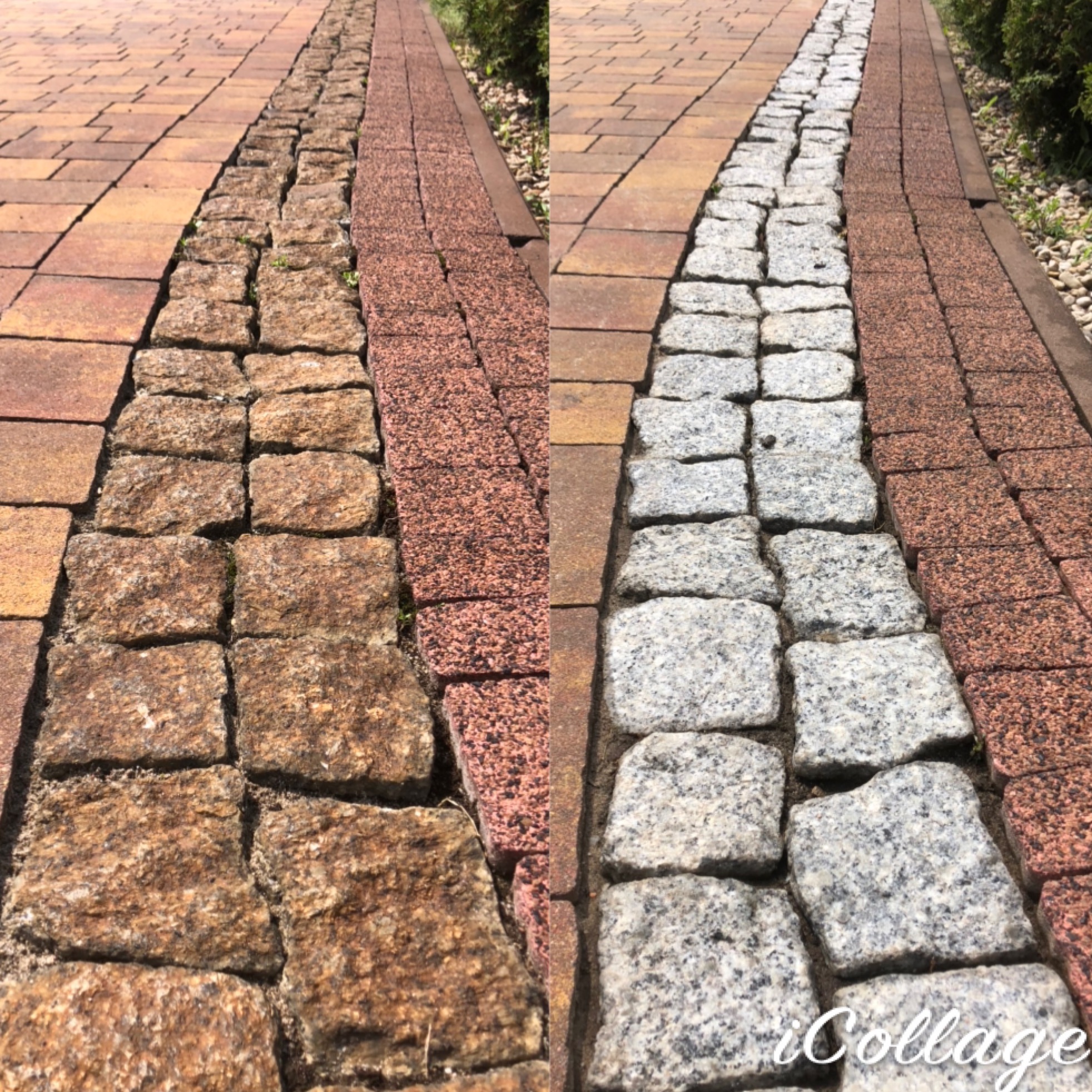 Porównanie kostki brukowej przed i po czyszczeniu, widoczne różnice w kolorze i usunięciu zabrudzeń, otoczenie z zielenią w tle.