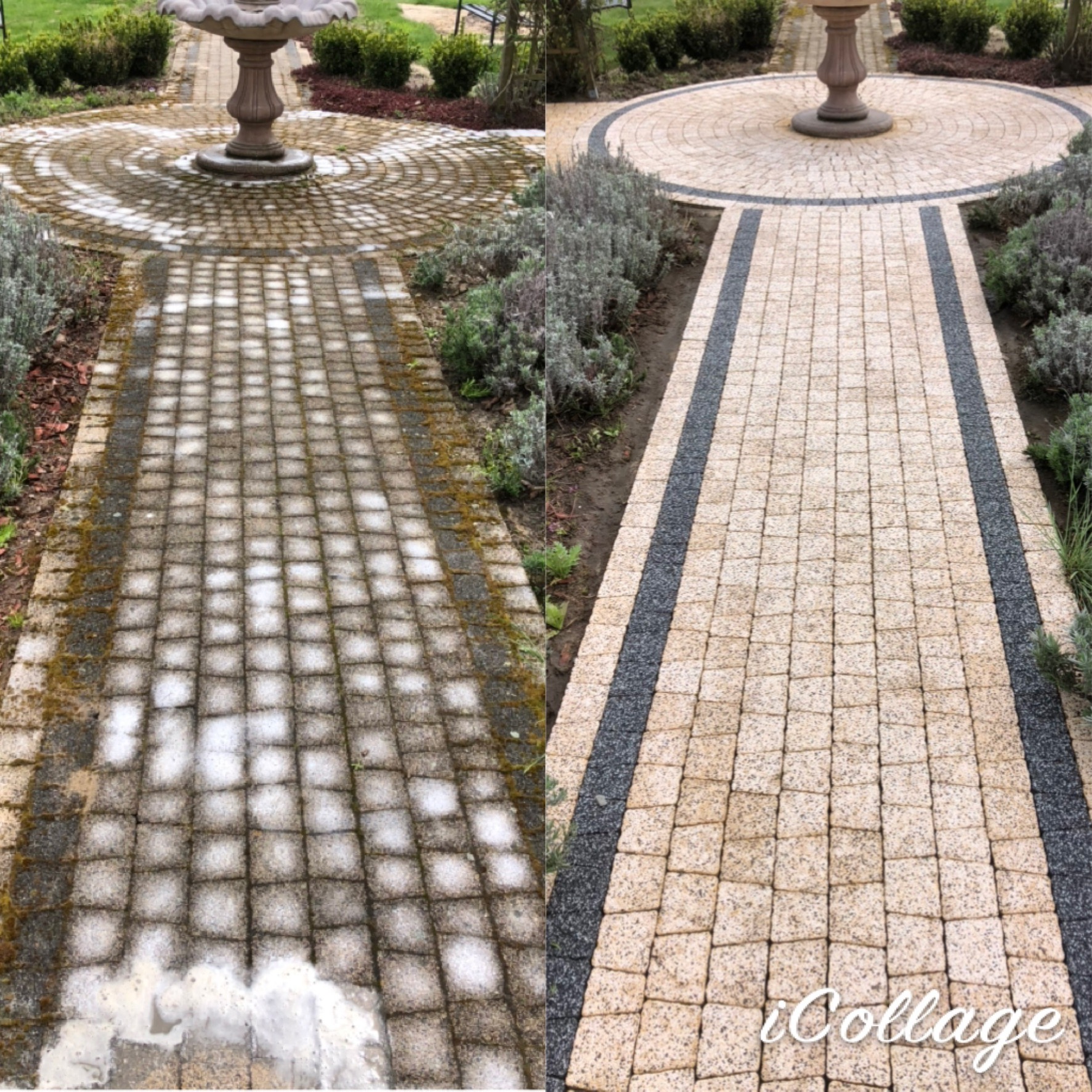 Porównanie kostki brukowej przed i po czyszczeniu: po lewej stronie widoczny brudny, porośnięty mchem chodnik wokół fontanny, po prawej - odnowiona, jasna kostka z eleganckimi obramowaniami...