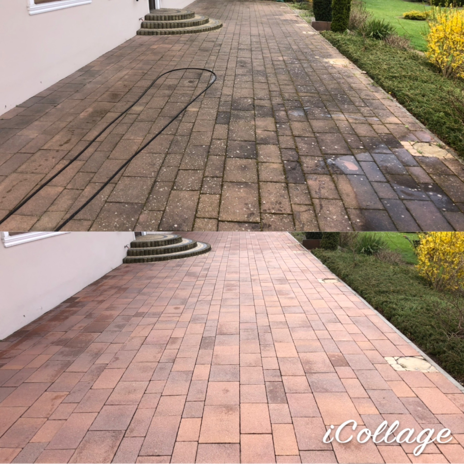 Porównanie kostki brukowej przed i po czyszczeniu: górna część pokryta mchem i zabrudzeniami, dolna część odzyskuje pierwotny, czysty, brązowy kolor, w tle widoczny wąż ciśnieniowy i roślinność.