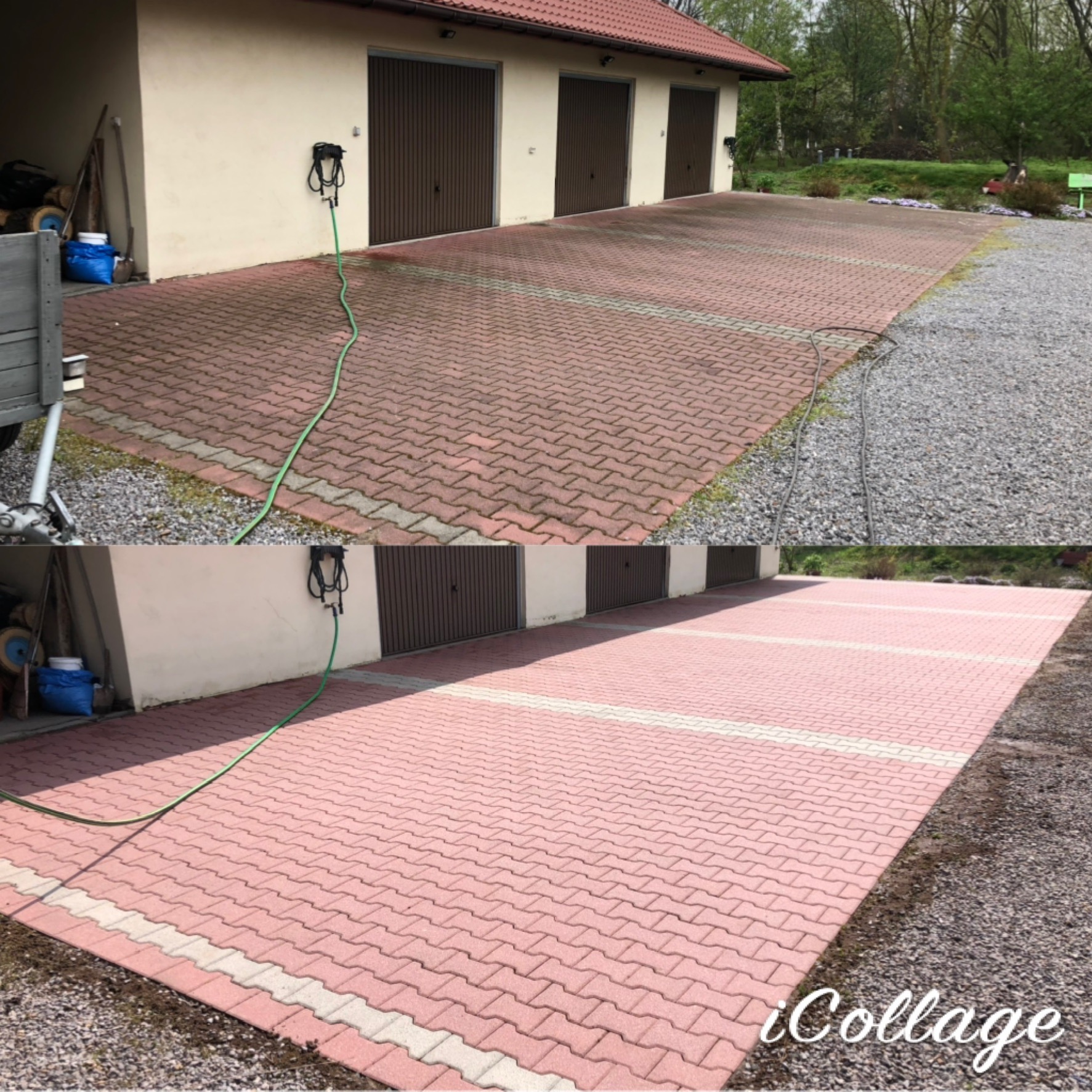 Porównanie stanu kostki brukowej przed i po czyszczeniu, widoczne różnice w kolorze i usunięciu zabrudzeń, w tle budynek z trzema bramami garażowymi i zielony wąż ciśnieniowy.