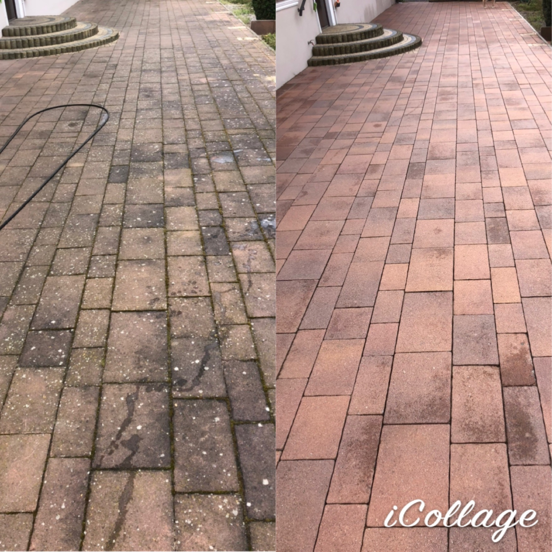 Porównanie kostki brukowej przed i po czyszczeniu: po lewej stronie zabrudzona mchem i plamami, po prawej czysta i odświeżona, prowadząca do schodów wejściowych.