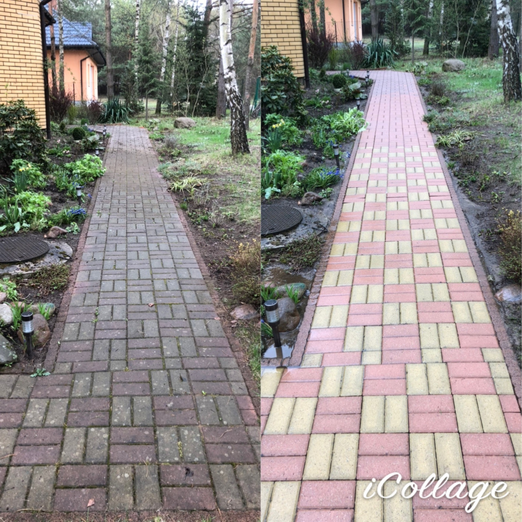 Porównanie kostki brukowej przed i po czyszczeniu: po lewej stronie zabrudzona, zielona od mchu, po prawej wyczyszczona, ukazująca różowo-żółty wzór, widoczne ślady wody po myciu.