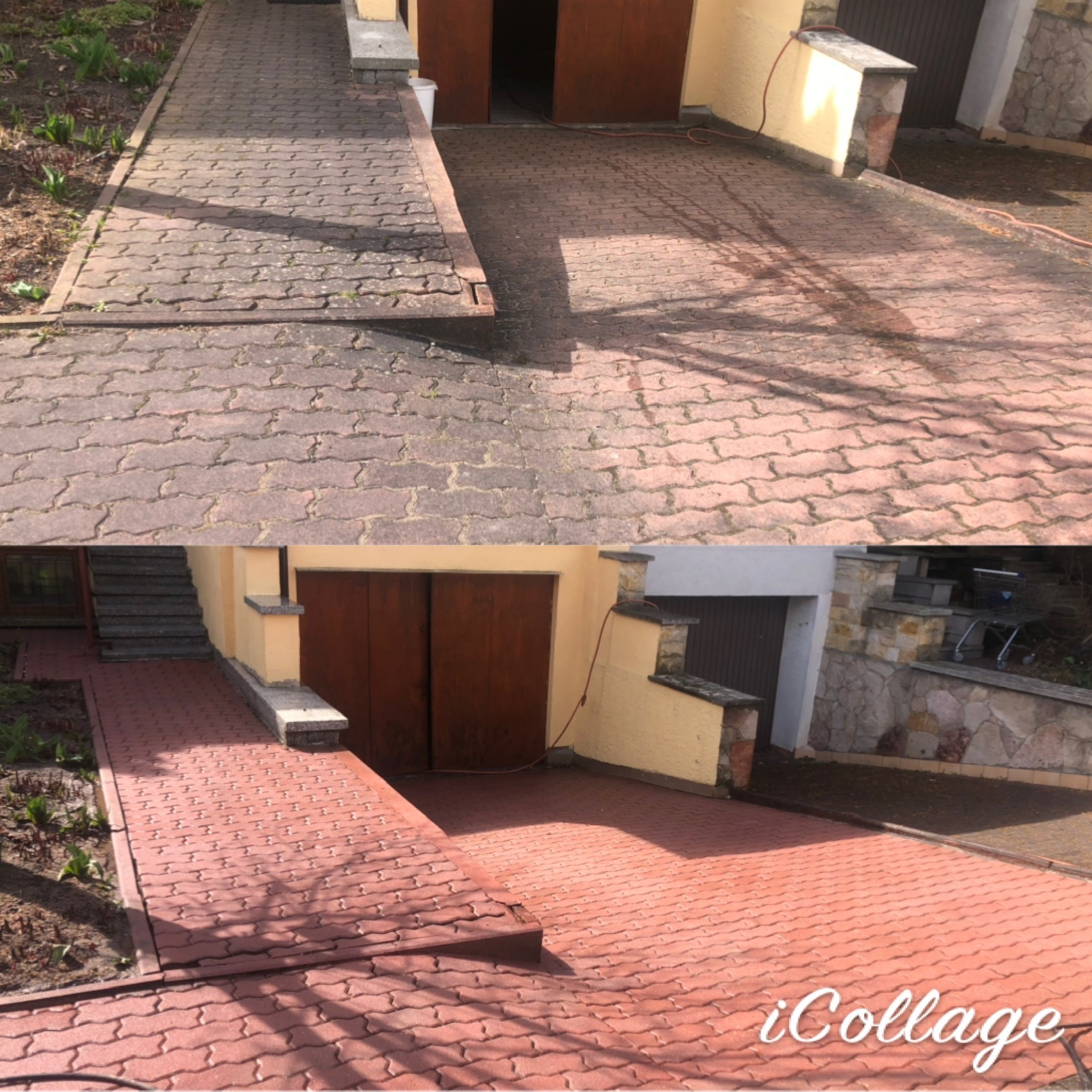 Porównanie kostki brukowej przed i po czyszczeniu: górna część z zabrudzeniami, dolna część świeżo umyta, w tle brama garażowa.