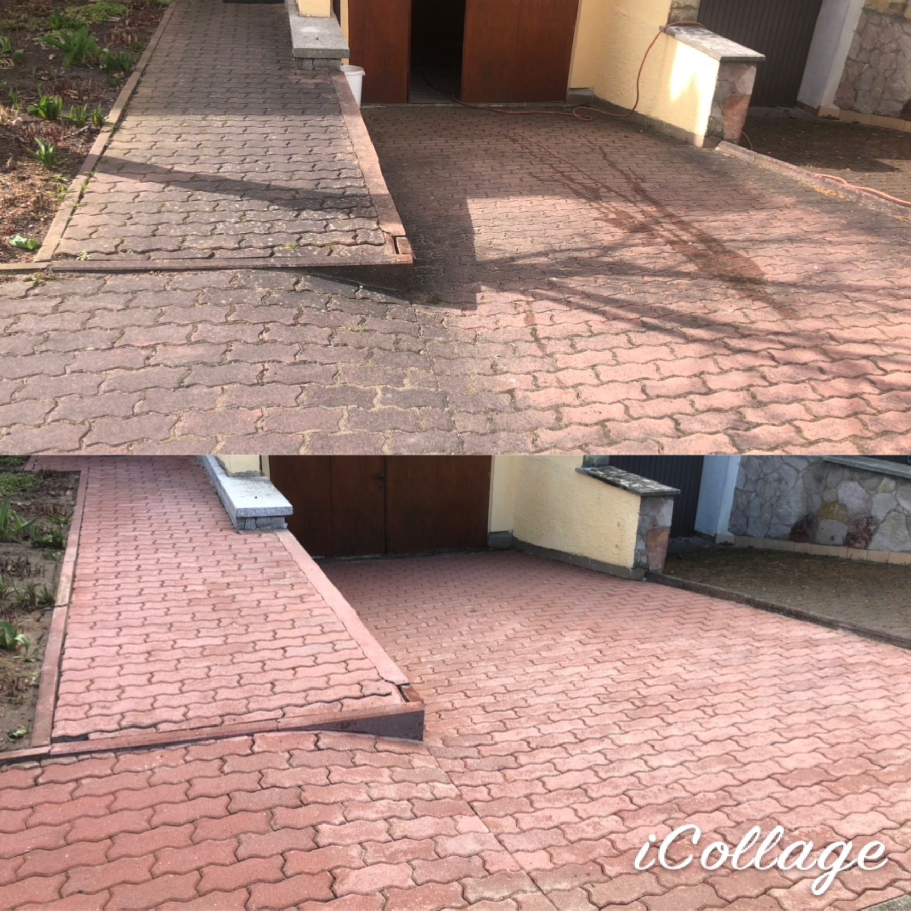 Porównanie kostki brukowej przed i po czyszczeniu, widoczna różnica w kolorze i usunięciu zabrudzeń, zarys budynku w tle.