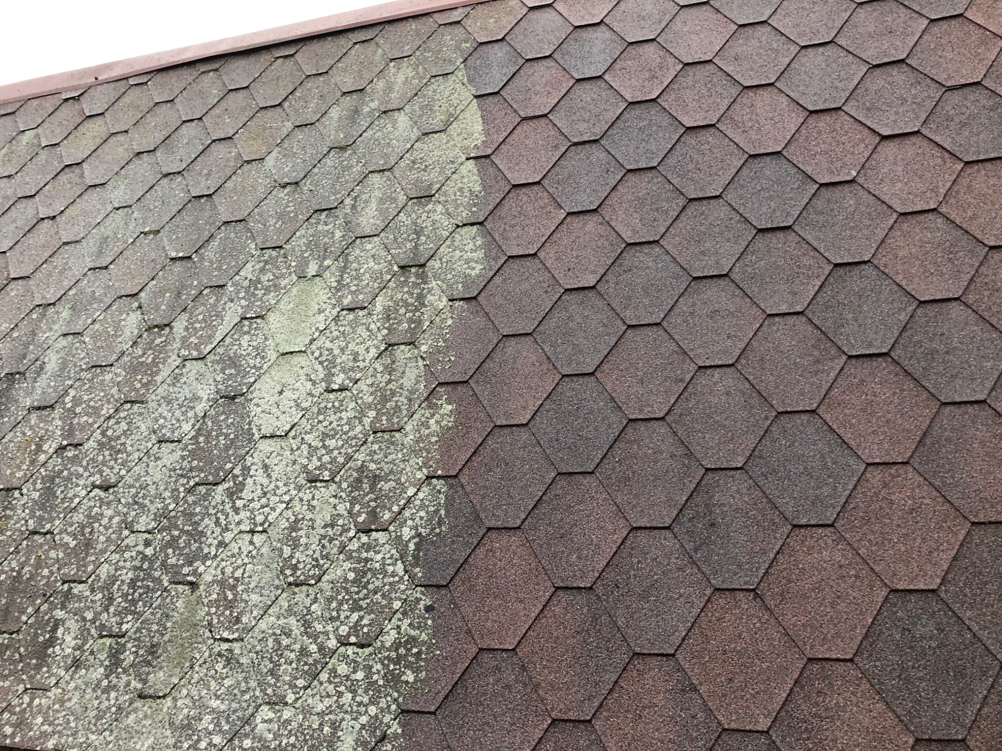 Częściowo wyczyszczony dach pokryty gontem bitumicznym, widoczna wyraźna różnica między obszarem pokrytym mchem i algami a czystą powierzchnią.