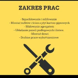 Grafika reklamowa usług wykończeniowych z zakresem prac: szpachlowanie, montaż sufitów i ścian z płyt karton-gipsowych, malowanie agregatem, układanie paneli, montaż drzwi, drobne prace...