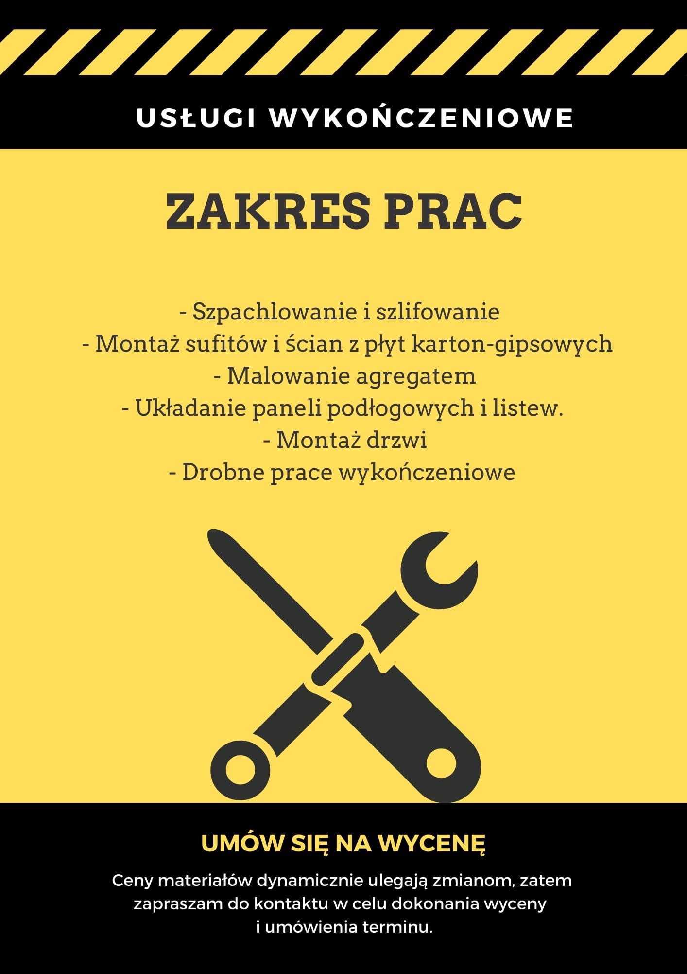 Grafika reklamowa usług wykończeniowych z zakresem prac: szpachlowanie, montaż sufitów i ścian z płyt karton-gipsowych, malowanie agregatem, układanie paneli, montaż drzwi, drobne prace...