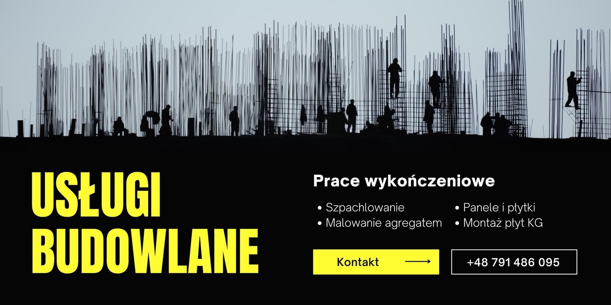 Sylwetki robotników na tle konstrukcji w trakcie prac wykończeniowych, widoczne pręty zbrojeniowe i hasła reklamowe usług budowlanych.
