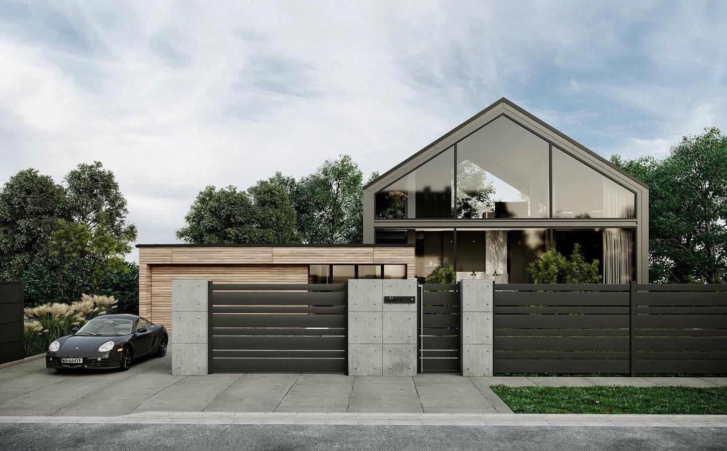 Nowoczesny dom jednorodzinny z dużą przeszkloną fasadą, drewnianą elewacją garażu i szarą bramą wjazdową, obok zaparkowany czarny samochód sportowy.