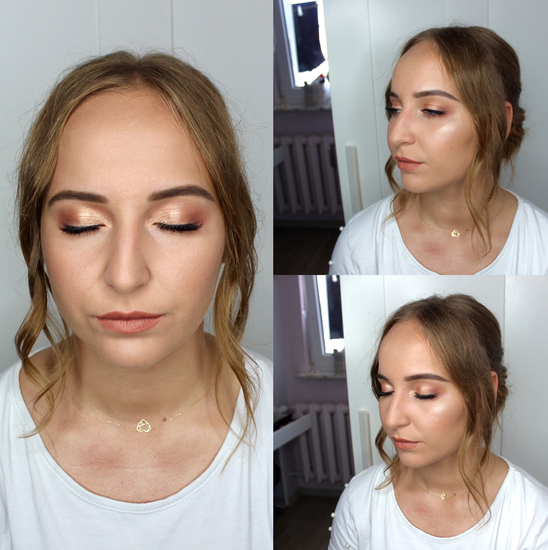 Portret kobiety z delikatnym, złotym cieniem na powiekach, podkreślonymi rzęsami i ustami w odcieniu nude, włosy upięte z tyłu, widoczny złoty naszyjnik z motywem serca.