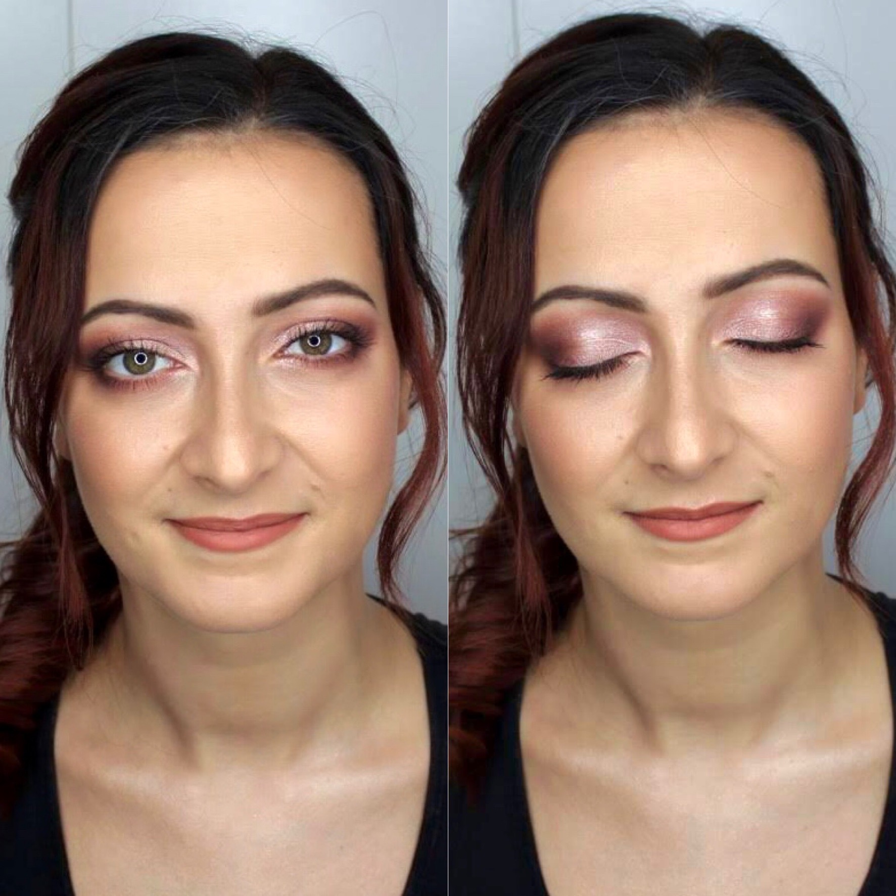 Portret kobiety z brązowo-różowym makijażem oczu i matową pomadką w odcieniu nude, widok z otwartym i zamkniętym okiem po obu stronach twarzy.