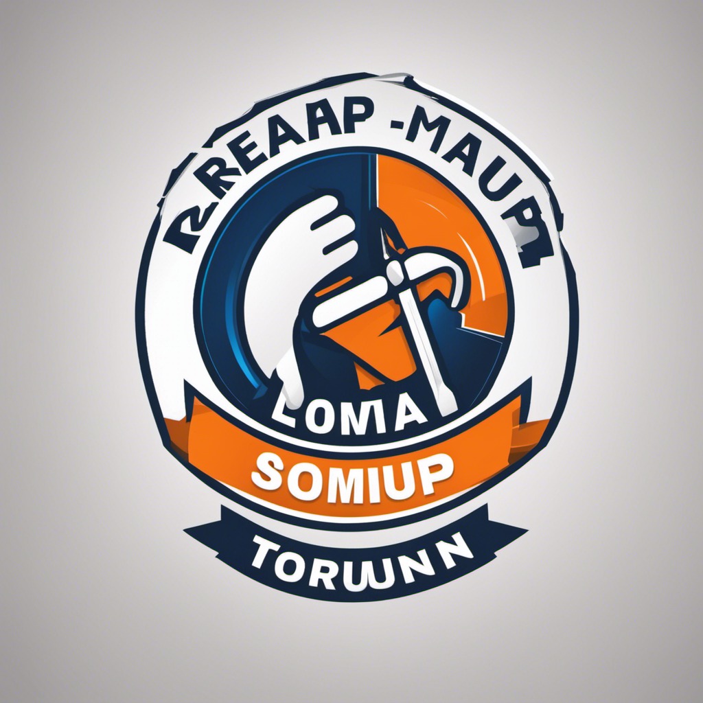 Ilustracja logo firmy budowlanej w kształcie okręgu z motywem dłoni trzymającej kilof, napisami 'R-REAAP-MAUP', 'LOMA SOMIUP' i 'TORUUNN' w kolorach pomarańczowym i granatowym.