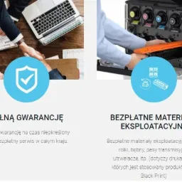 Zdjęcie przedstawia ofertę serwisu sprzętu biurowego: wynajem drukarek za 1 zł miesięcznie, pełna gwarancja, bezpłatne materiały eksploatacyjne i urządzenie zastępcze na czas naprawy.