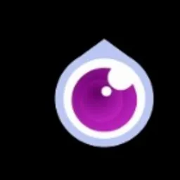 Grafika wektorowa przedstawiająca stylizowaną kroplę wody z okiem w kolorze fioletowym, otoczonym jasnoniebieską obwódką, na czarnym tle.