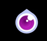 Grafika wektorowa przedstawiająca stylizowaną kroplę wody z okiem w kolorze fioletowym, otoczonym jasnoniebieską obwódką, na czarnym tle.