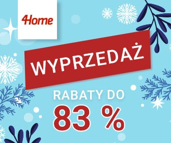 Grafika reklamowa z napisem 'WYPRZEDAŻ' na czerwonym tle, informująca o rabatach do 83%. W tle jasnoniebieski kolor z motywem śnieżynek i gałązek.