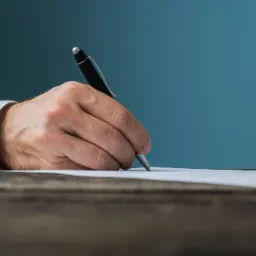 Dłoń mężczyzny w białej koszuli podpisuje dokument czarnym pi&oacute;rem na drewnianym biurku, błękitne tło.