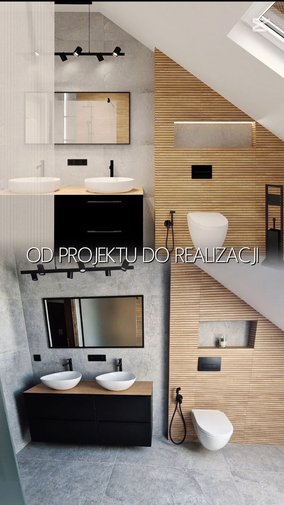 Łazienka w odcieniach szarości i drewna, prezentująca górny kadr z projektu i dolny kadr z realizacji. Uwagę przykuwają umywalki nablatowe i drewniane panele ścienne.