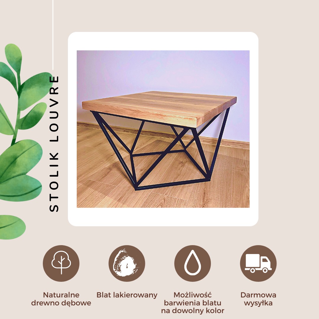 Stolik kawowy Louvre z blatem z lakierowanego drewna dębowego i geometryczną podstawą z czarnych metalowych prętów, prezentowany na tle ściany i drewnianej podłogi. Grafika reklamowa z ikonami...