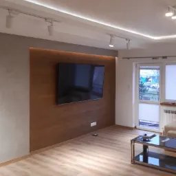 Nowoczesny salon z drewnianą ścianą akcentującą, na której wisi telewizor, parkiet w odcieniach beżu, oświetlenie punktowe i listwa LED w suficie podwieszanym.