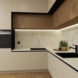 Nowoczesna kuchnia z beżowymi szafkami, marmurowym blatem i backsplashiem, drewnianymi akcentami nad szafkami górnymi oraz czarną armaturą i piekarnikiem Siemens.