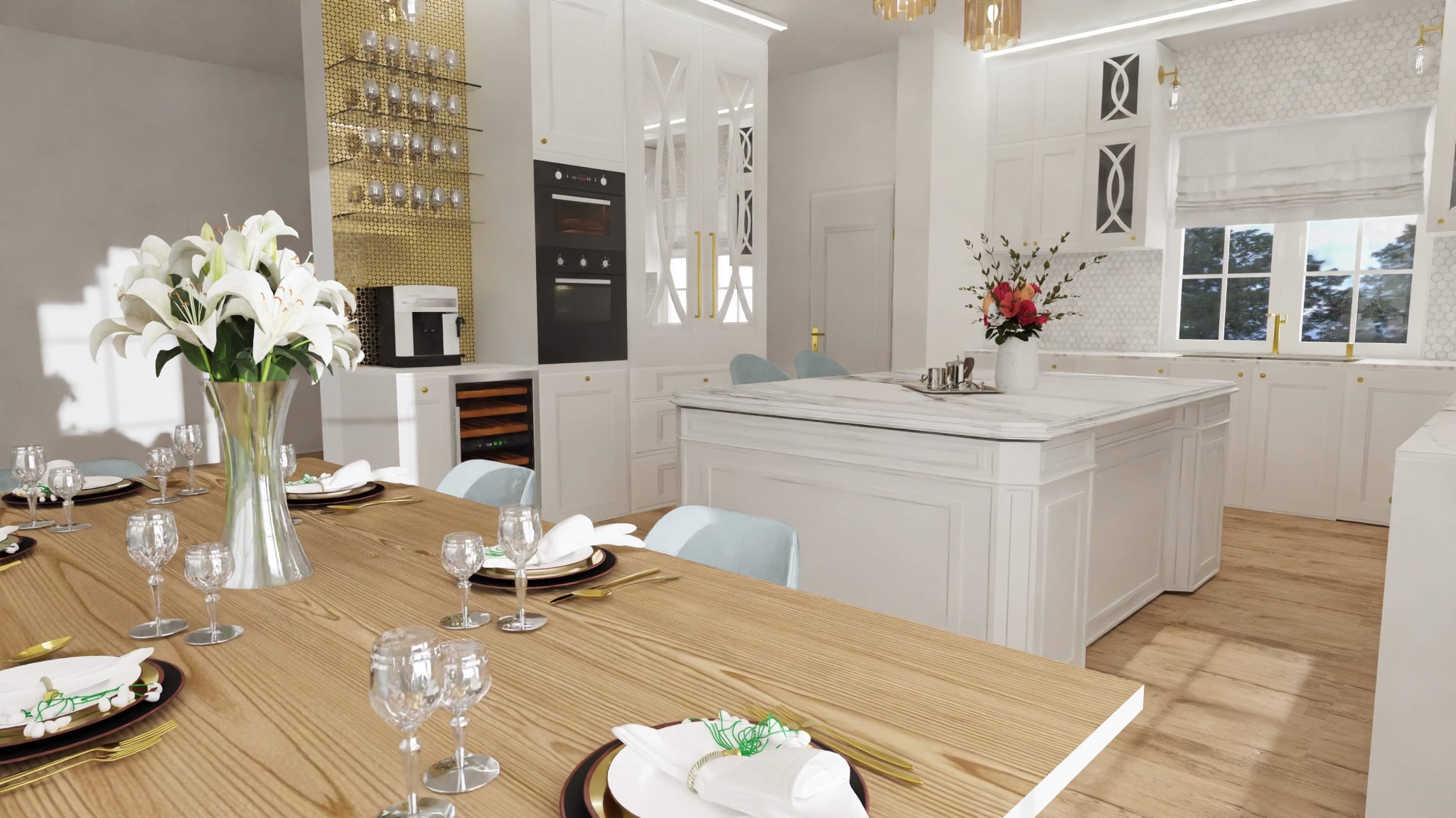 Elegancka, jasna kuchnia z wyspą i stołem z nakryciem, bukiet białych lilii w wazonie na stole, złote akcenty dekoracyjne, w tle wbudowane sprzęty AGD i regał na wino.