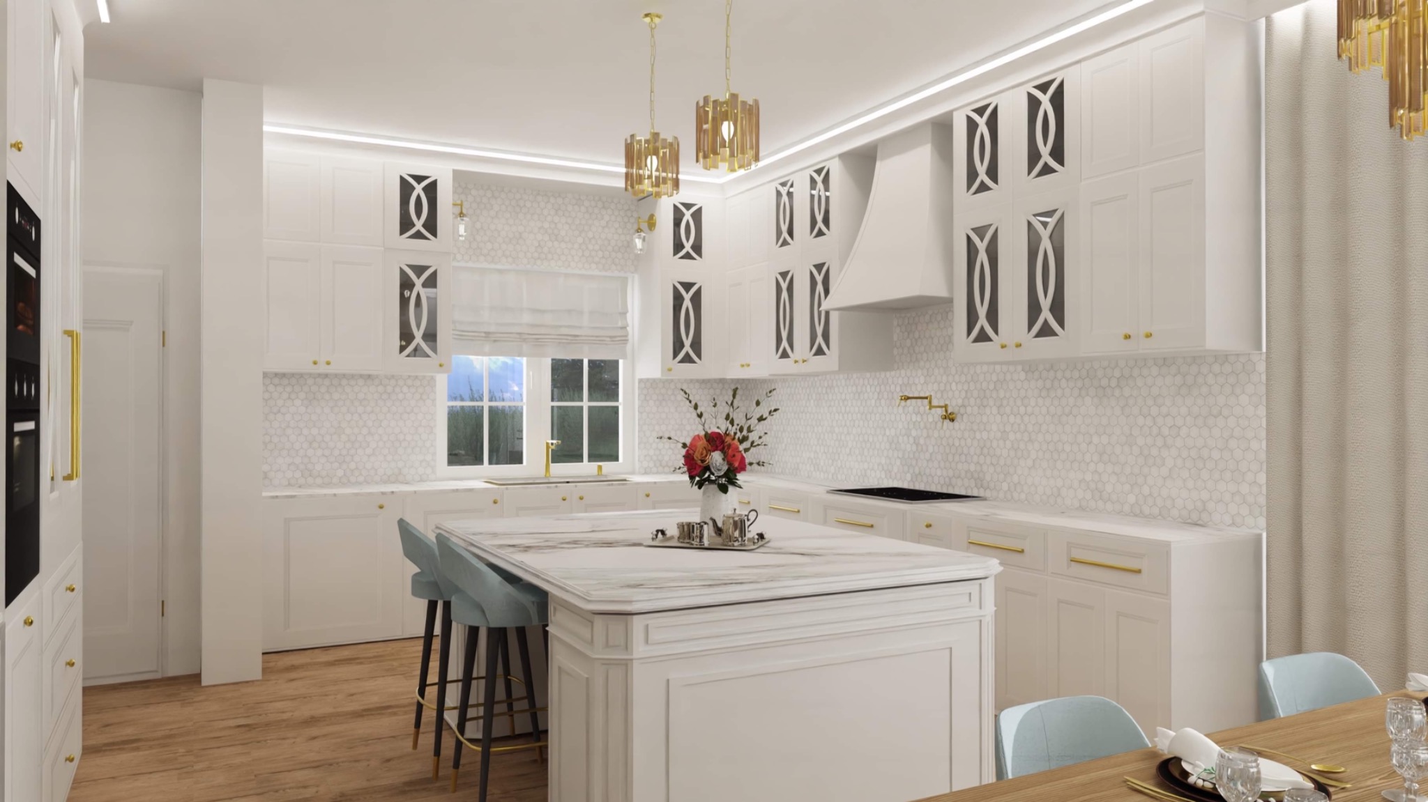 Wizualizacja przestronnej, jasnej kuchni z białymi szafkami z geometrycznymi przeszkleniami, marmurowym blatem na wyspie, złotymi detalami i drewnianą podłogą.