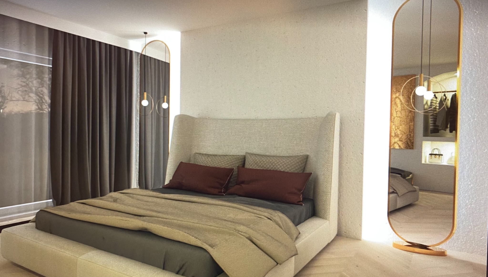 Elegancka sypialnia z wysokim wezgłowiem łóżka obitym tkaniną, brązowymi poduszkami i narzutą w odcieniach beżu i szarości, oświetlona wiszącą lampą z okrągłymi kloszami i wysokim lustrem w złotej...