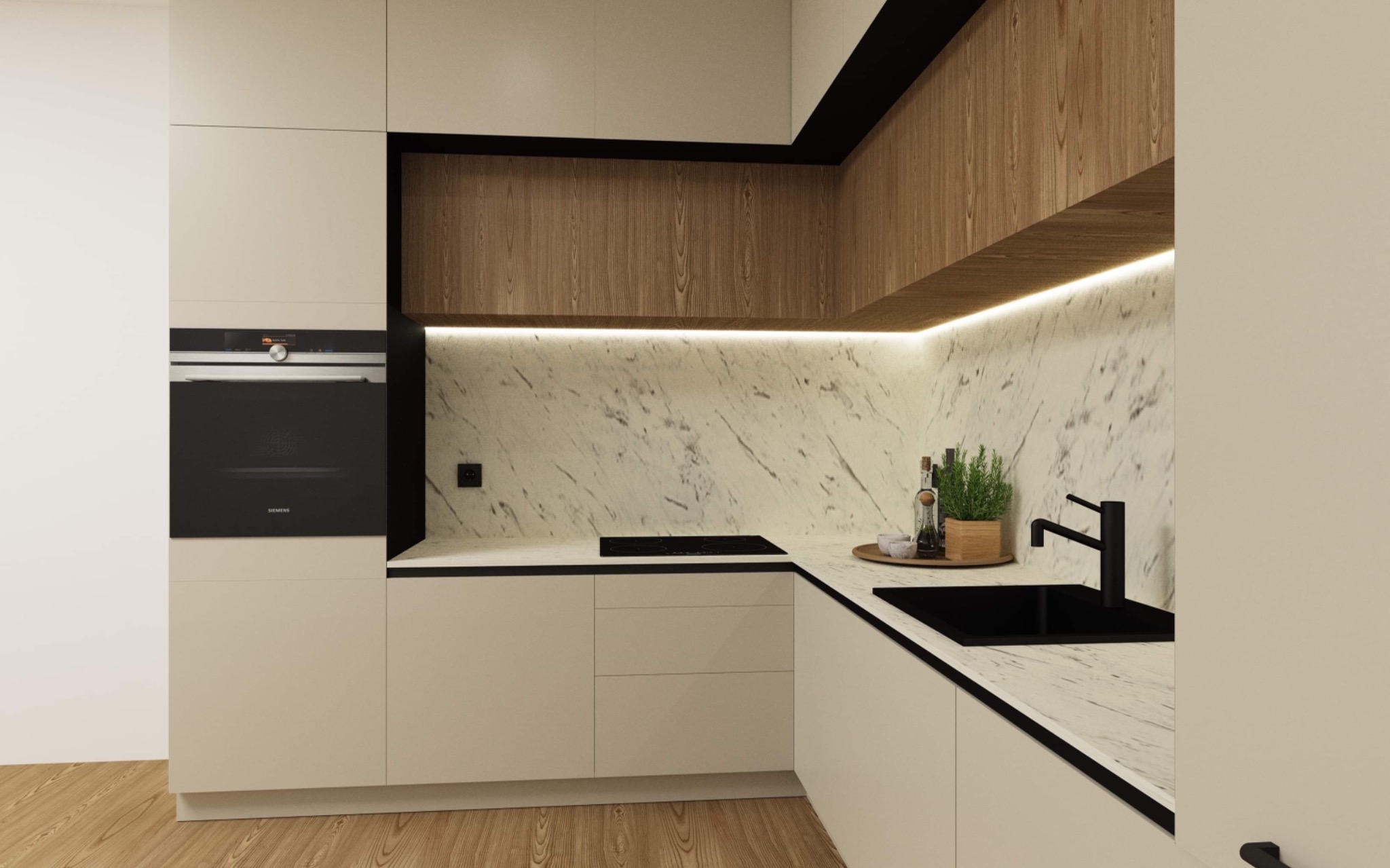 Nowoczesna kuchnia z beżowymi szafkami, marmurowym blatem i backsplashiem, drewnianymi akcentami nad szafkami górnymi oraz czarną armaturą i piekarnikiem Siemens.