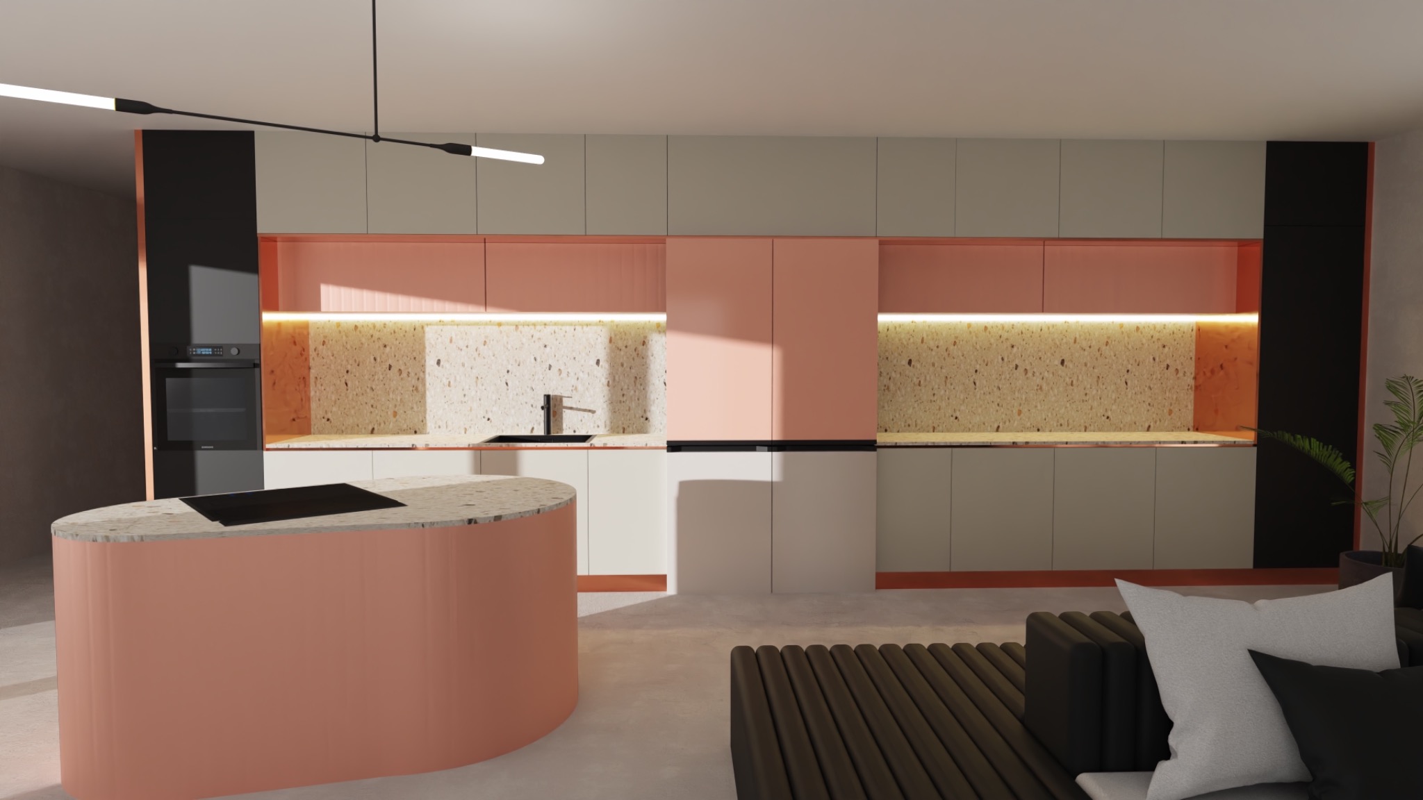 Wizualizacja nowoczesnej kuchni z okrągłą wyspą w odcieniach różu i szarości, terazzo na ścianie i blacie, oświetlenie LED pod szafkami, czarny piekarnik w zabudowie i minimalistyczna lampa sufitowa.